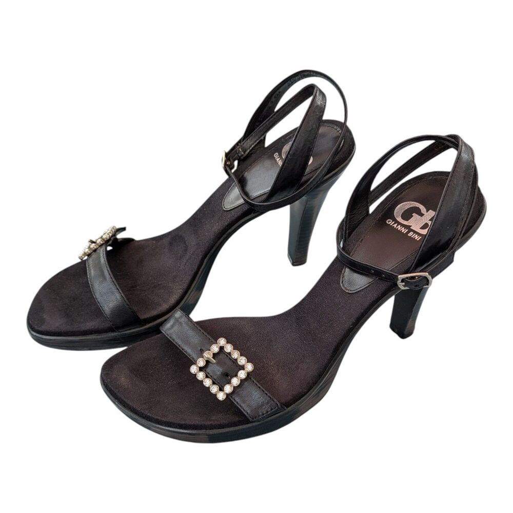 Gianni Bini GB Black Heeled Sandals Rhinestone Buckle Ankle Strap Dress Shoes 8M